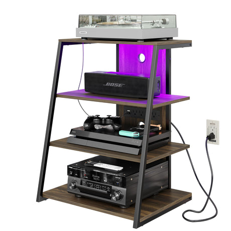 4-Tier AV Media Stand with Charge Station, Corner TV Stand with LED Lights