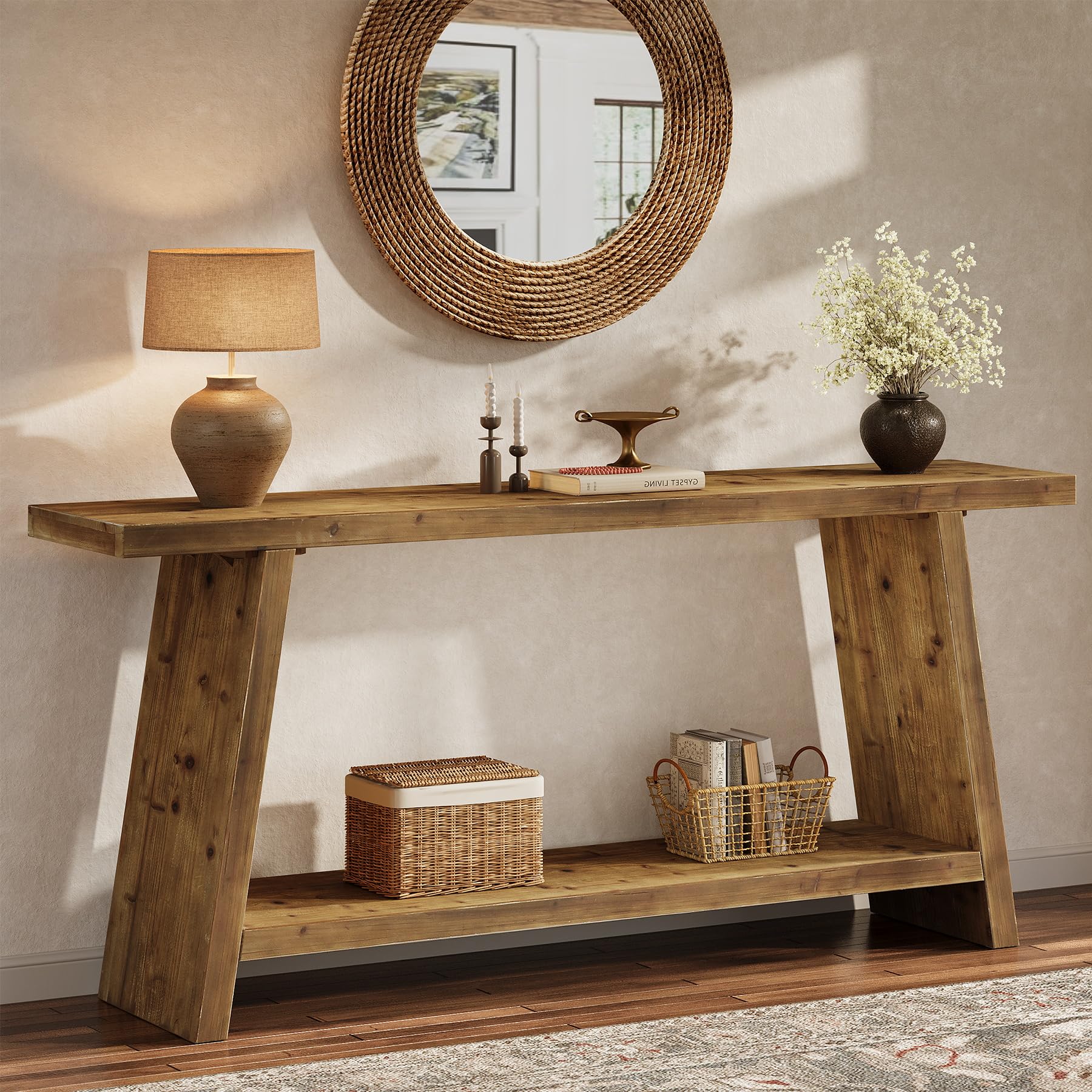 70.9" Solid Wood Console Table with 2-Tier Storage - Farmhouse Entryway Table