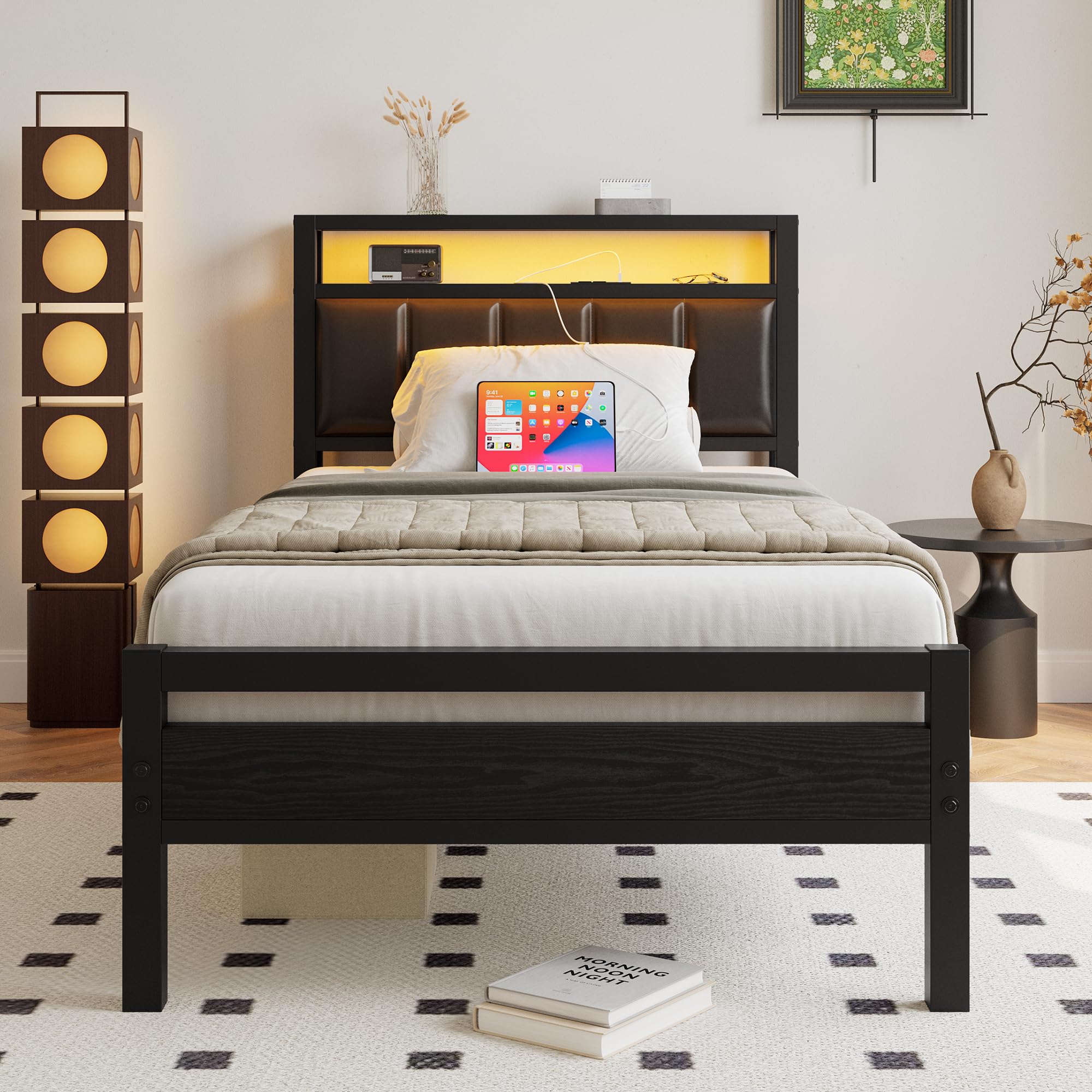 Twin Bed Frame with Charging Station & LED Lights