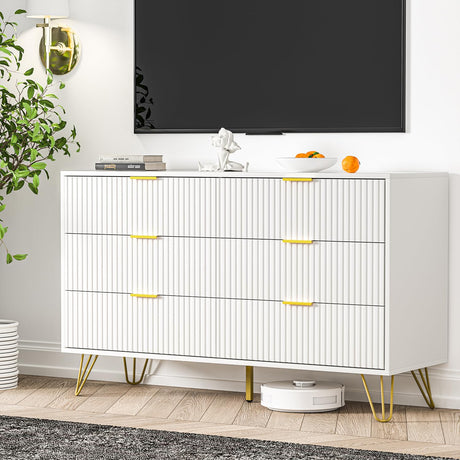 White Dresser, Modern 6-Drawer Dresser for Bedroom with Gold Handles