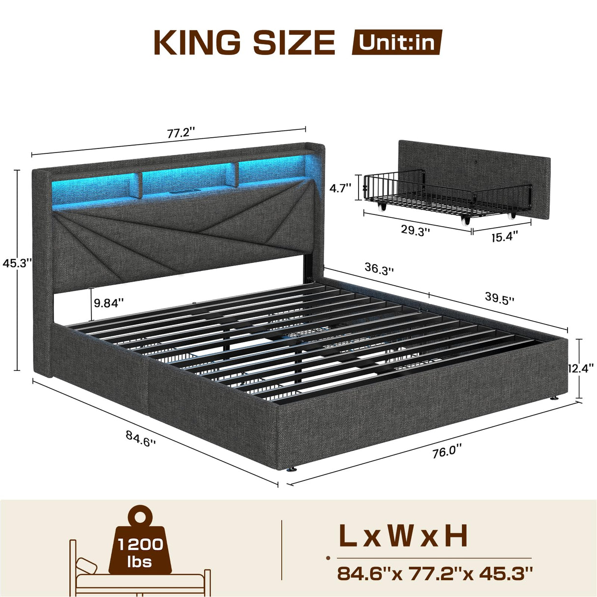 King Size Bed Frame with 4 Storage Drawers, Upholstered King Bed Frame