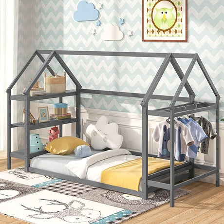 Twin Floor Bed, Wood Montessori Floor Bed with Detachable 3 Tier Storage Bookshelf & Clothes Rack