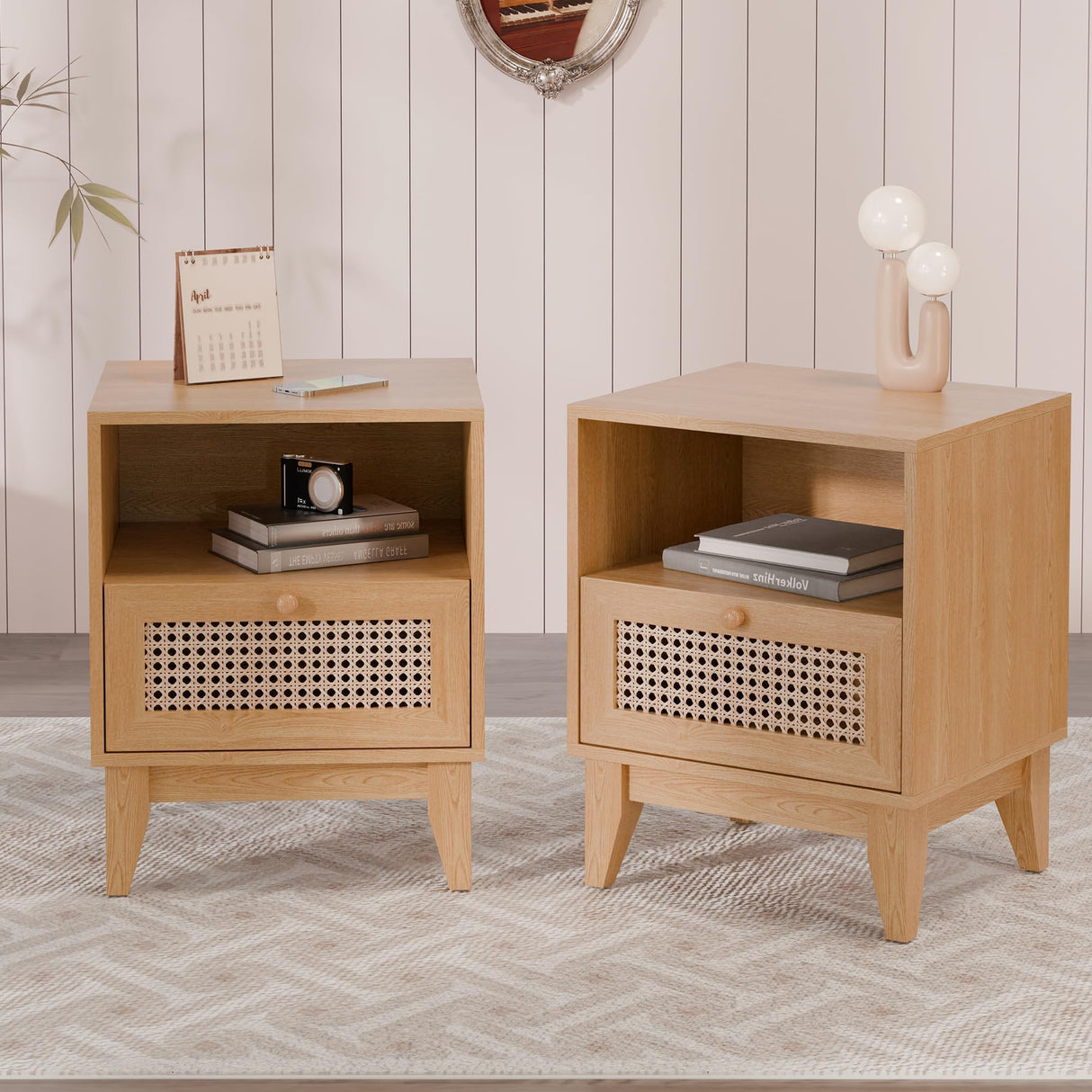 Modern Wicker Rattan Stand Set of 2, Rattan Stand with Drawer and Small Space