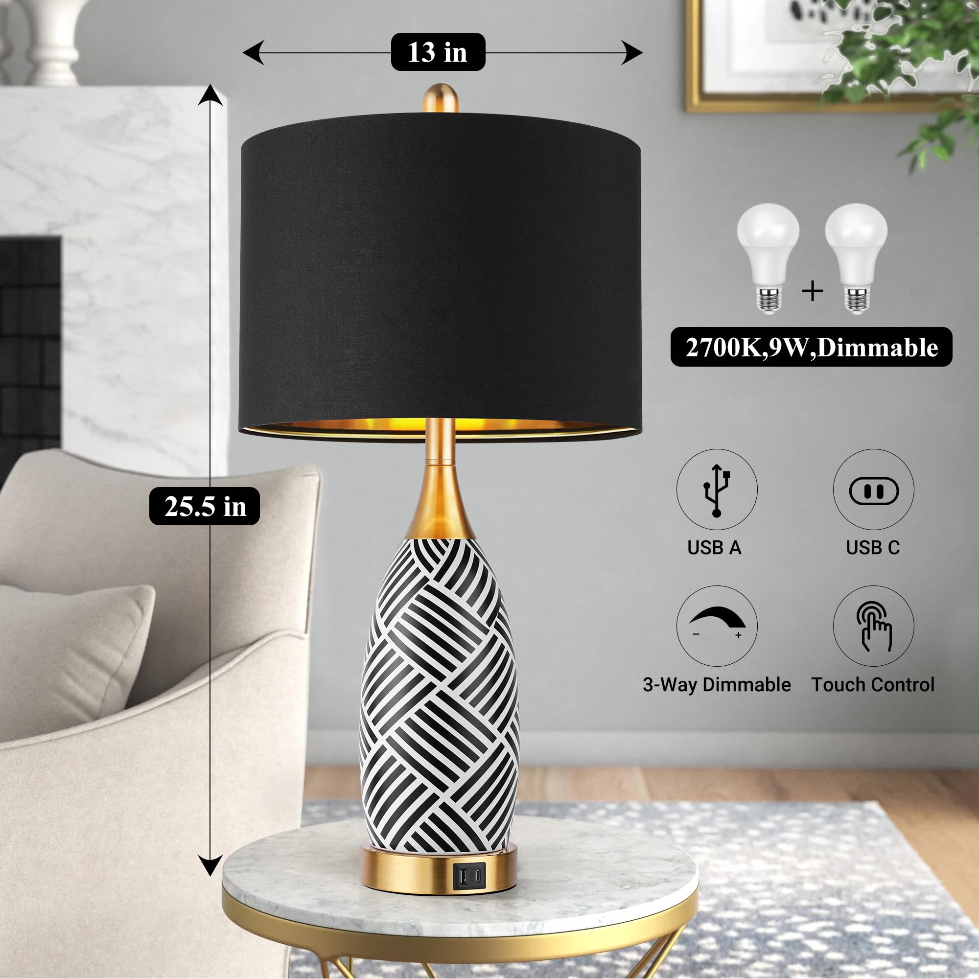 25.5" Touch Control Ceramic Table Lamp with USB-C Charging