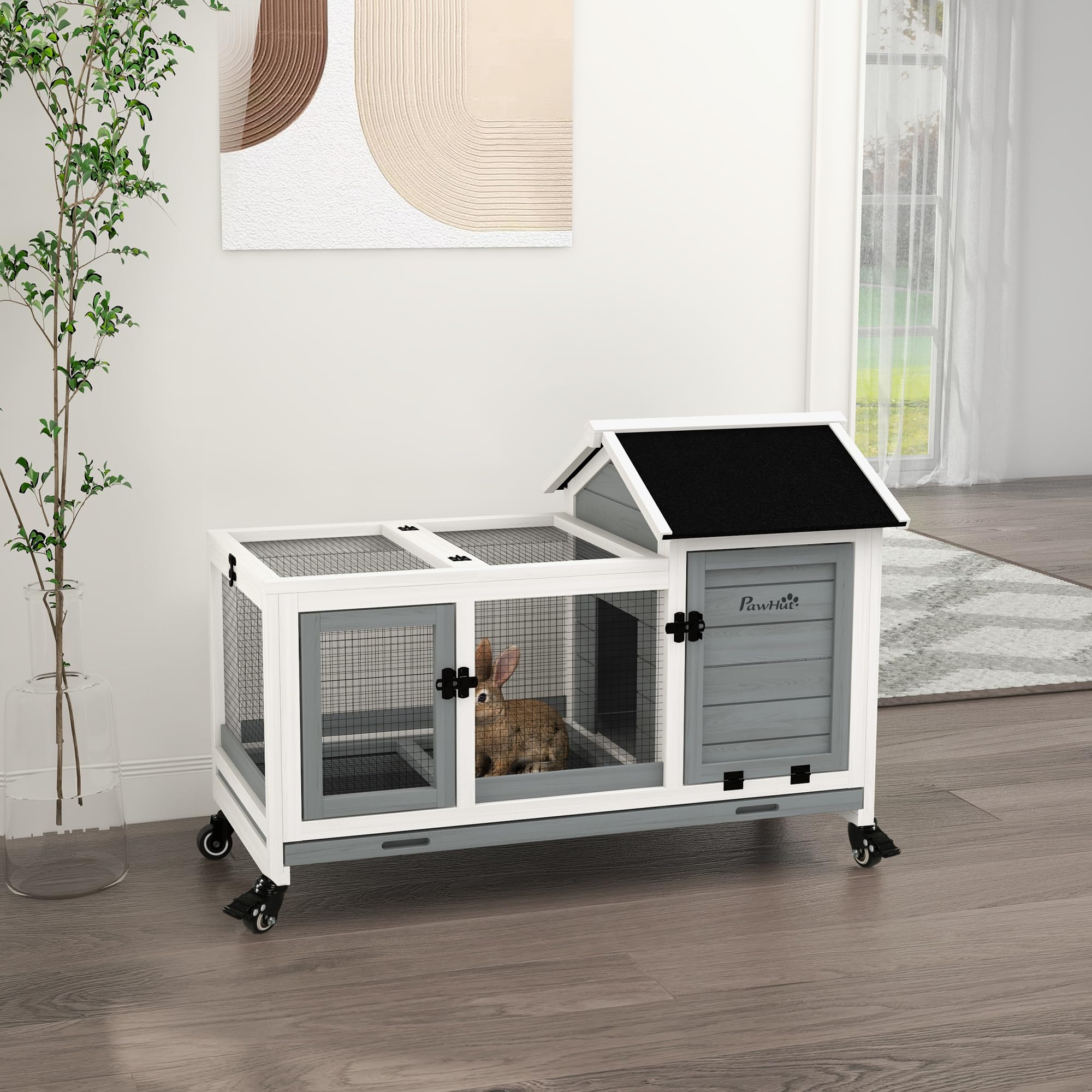 Indoor Outdoor Wooden Rabbit Hutch with Wheels, Large Bunny Hutch