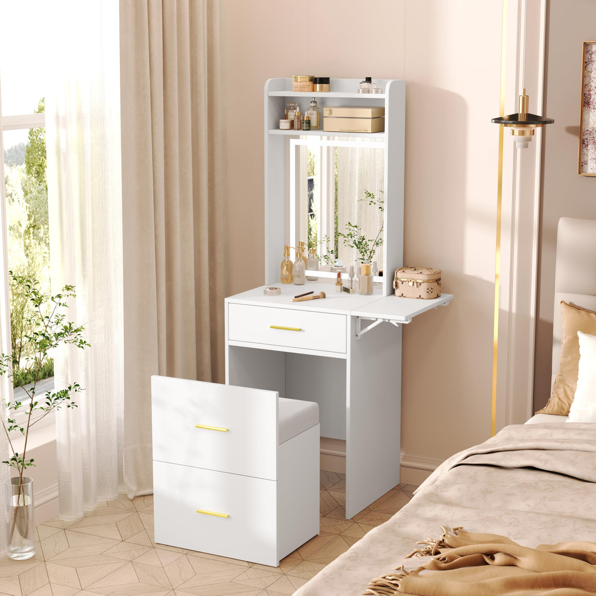 Small Makeup Vanity with Mirror and Light, Makeup Vanity Desk with Charging Station & Fold-up Shelf for Small Space