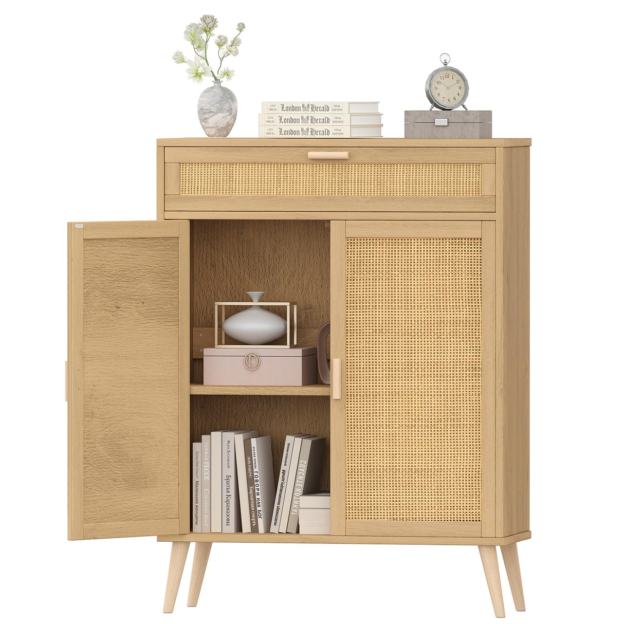 Accent Floor Storage Cabinet with Rattan Doors, Bathroom Cabinet with Large Drawer, Freestanding Storage Cabinet Organizer, Natural BMGZ107M