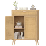 Accent Floor Storage Cabinet with Rattan Doors, Bathroom Cabinet with Large Drawer, Freestanding Storage Cabinet Organizer, Natural BMGZ107M