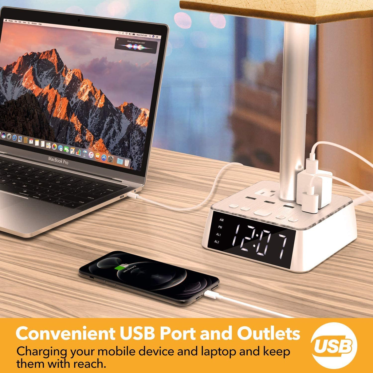 Table Lamp Bedside Lamp with 4 USB Ports and AC Power Outlets, Alarm Clock Base