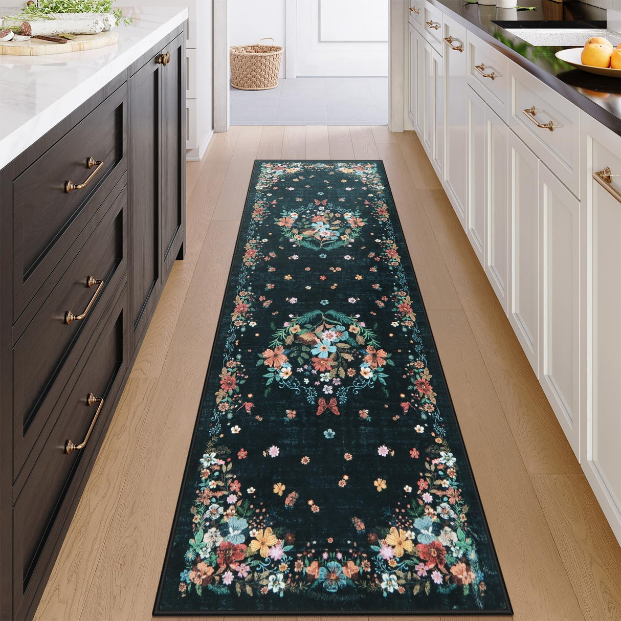 Sivilife Black Runner Rug for Entryway Indoor, 2x6 Floral Washable Rug Runners for Hallways Non Slip, Boho Kitchen Runner Rugs with Rubber Backing Carpet Runner for Bedroom Entryway Laundry Bedside