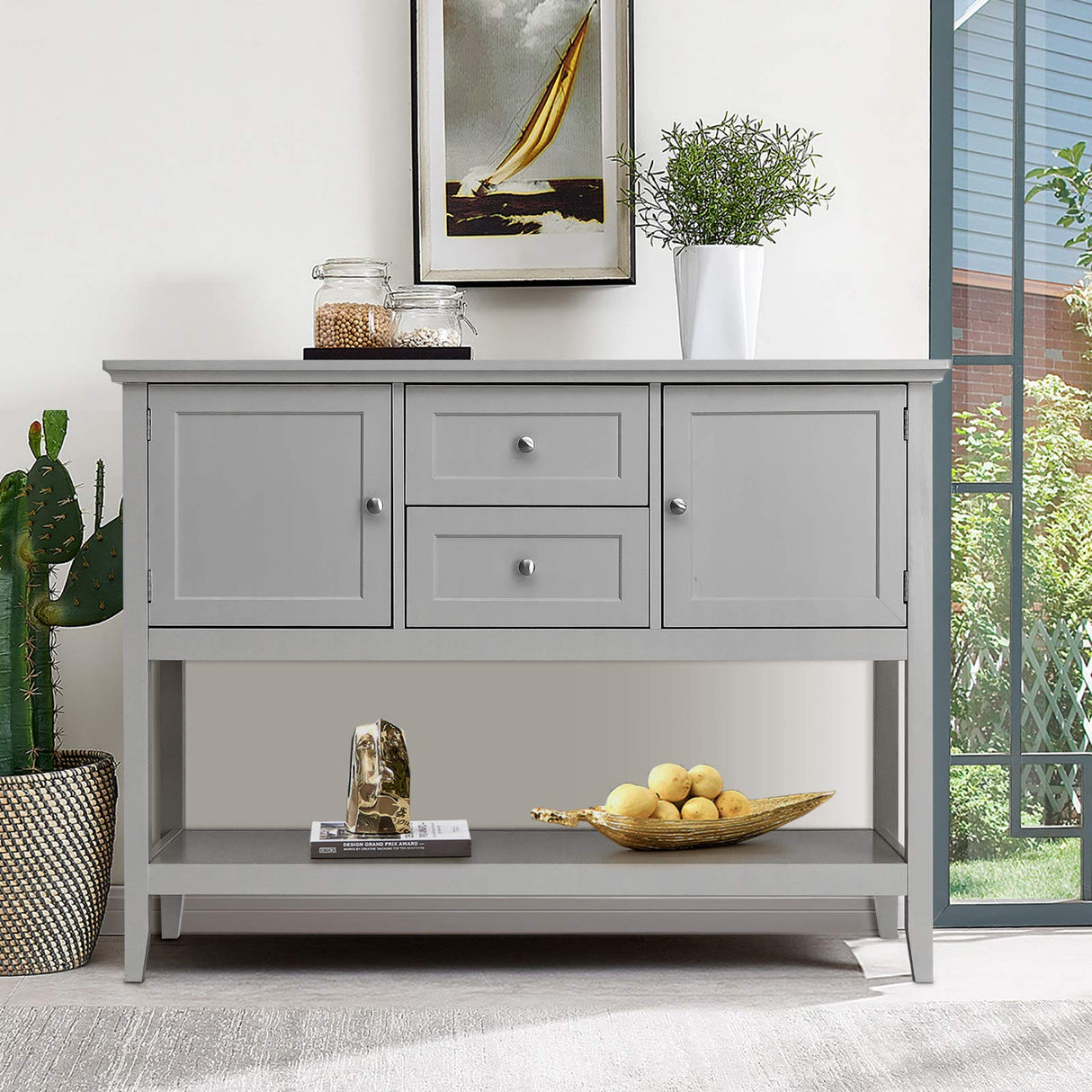 Buffet Sideboard, Wood Storage Cabinet, Console Table with Storage Shelf, 2 Drawers and Cabinets, Living Room Kitchen Dining Room Furniture, Wood Buffet Server (Grey)