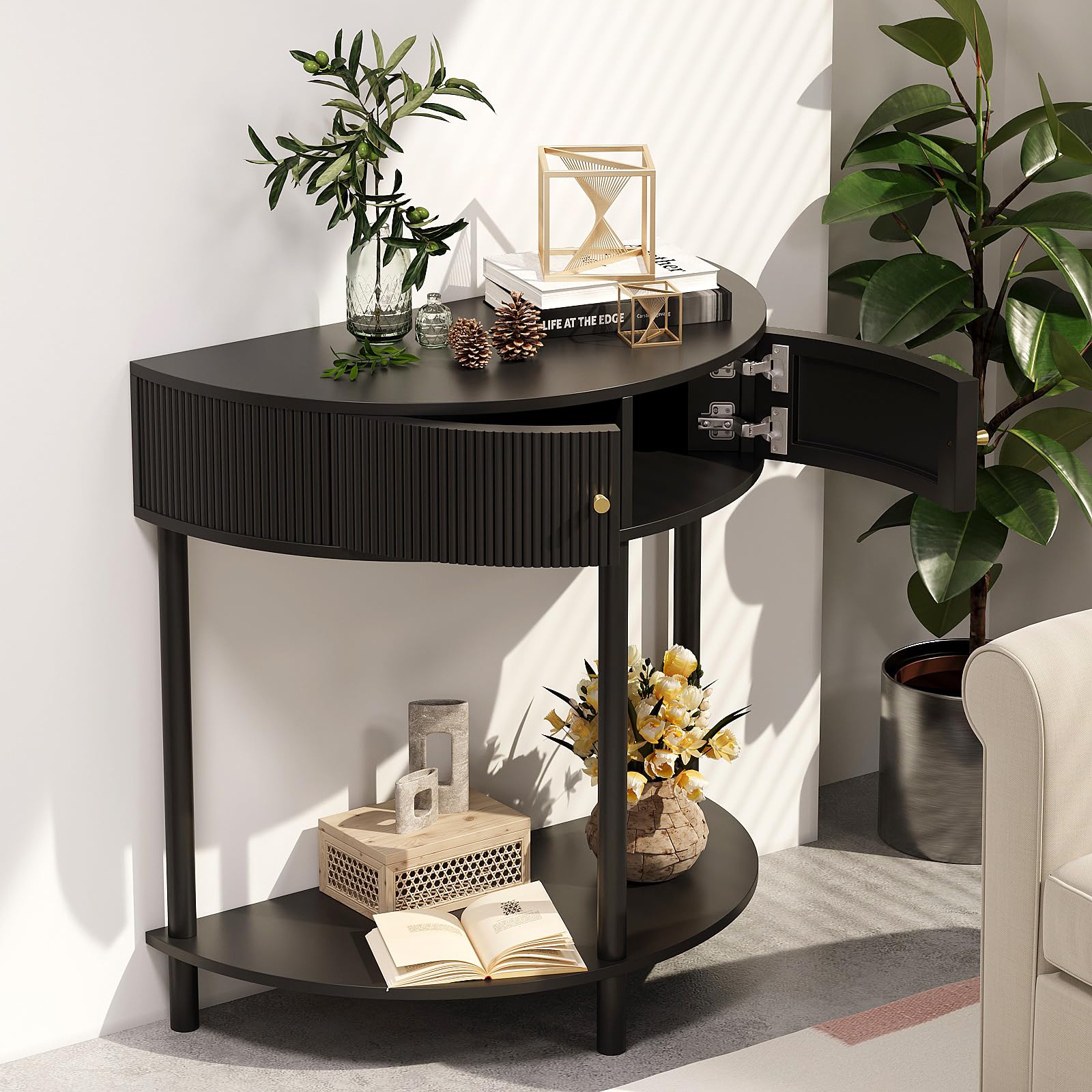 Fluted Half Moon Console Table with Storage