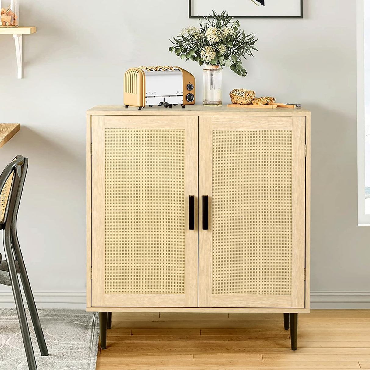 Rattan Sideboard Cabinet with Storage, Accent Cabinet with Feet, Buffet Cabinet with Doors