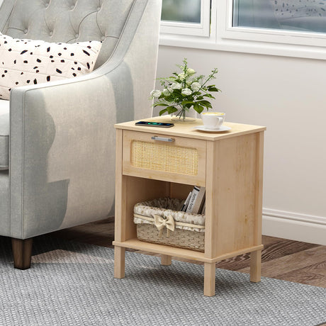 Small Rattan Nightstand, Boho Bedside Table,End Table with Drawer, Rattan Furniture