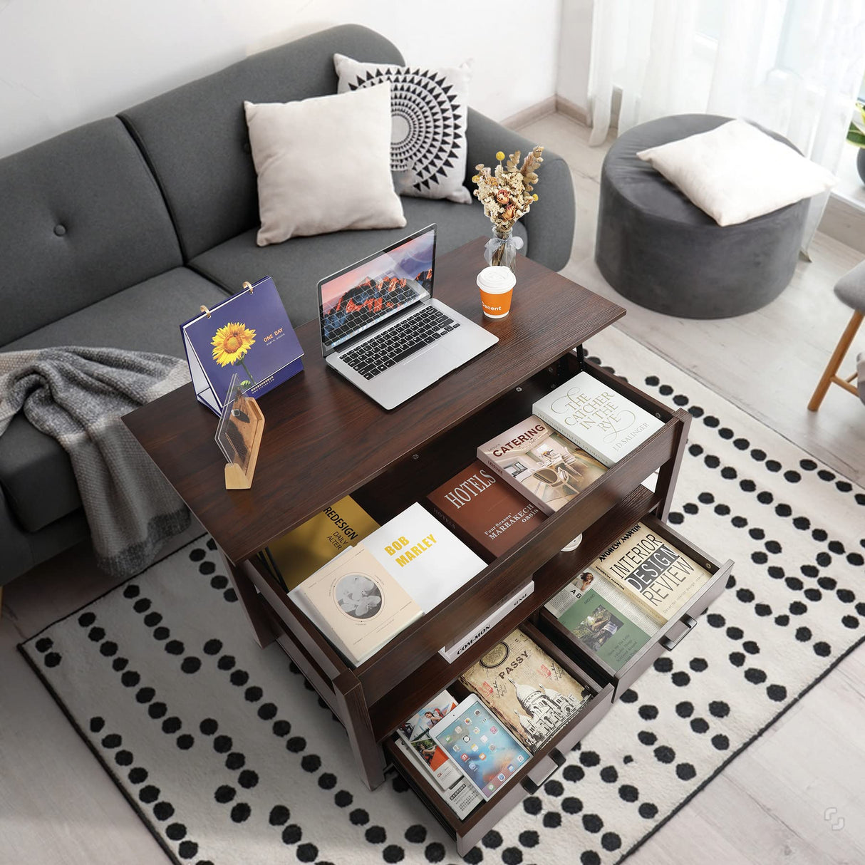 Lift Top Coffee Table with Storage,Lift Tabletop with Drawers and Hidden Compartment