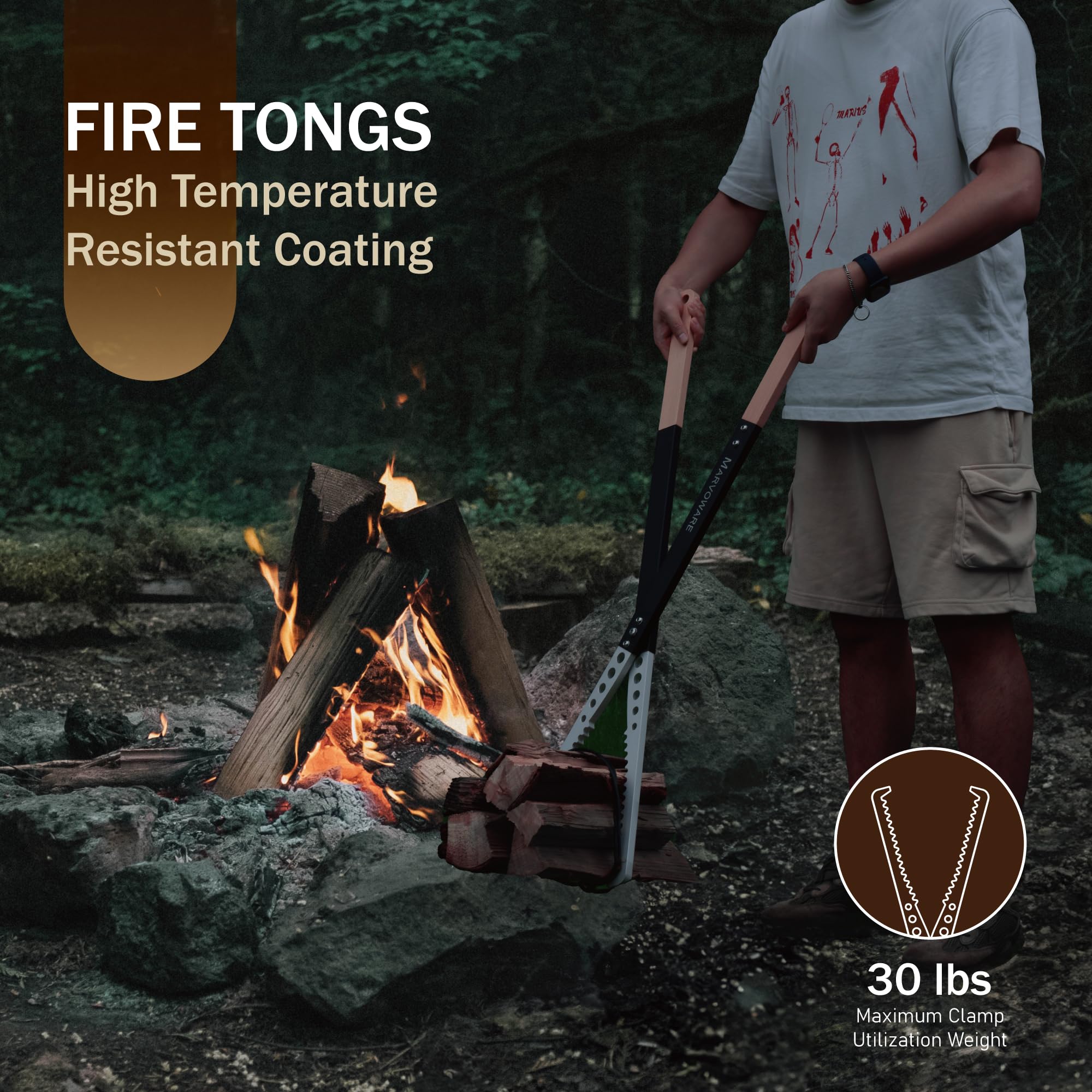 Heavy Duty Fire Tong and Fire Poker Set with Wood Insulation Handle Fireplace