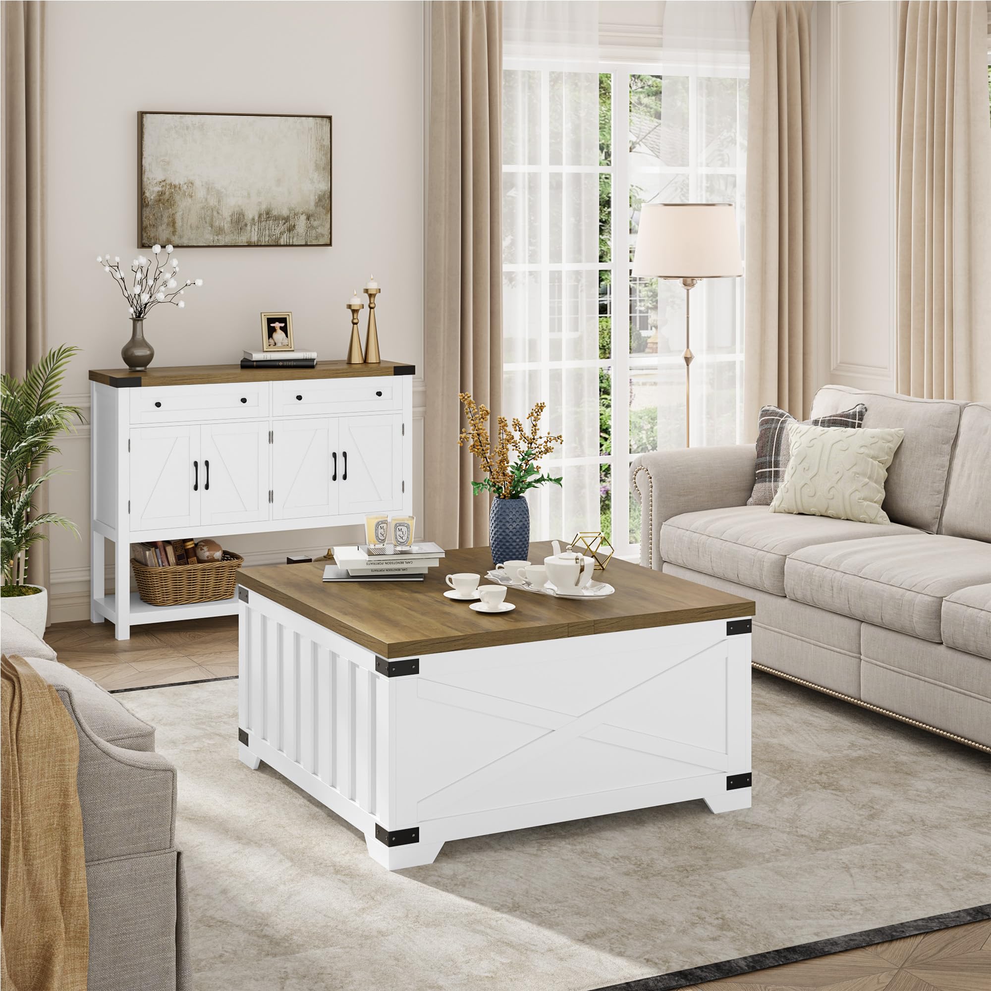 35.4" Square Coffee Table with Storage, Farmhouse Center Table with Hinged Lift Top