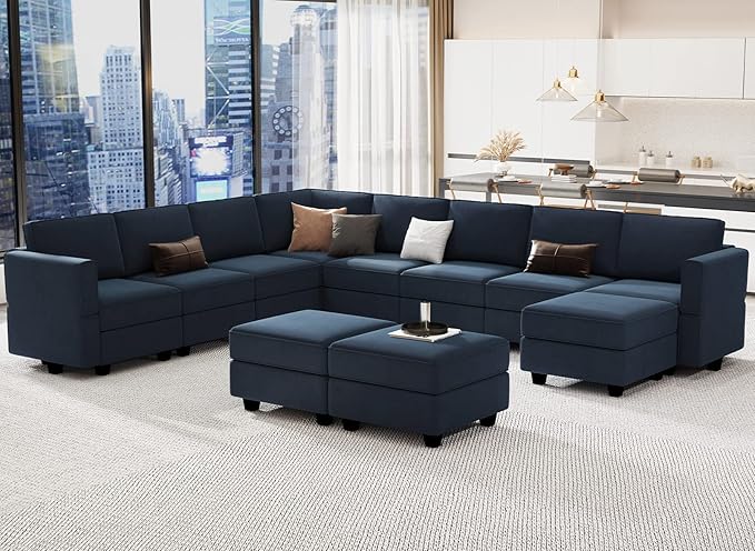 Modular Sectional Sofa with Ottoman, Velvet L-Shape Corner Sofa Set, 7-Seater, Blue