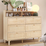 Rattan Dresser for Bedroom with Shelves, Modern 6 Drawer Double Dresser