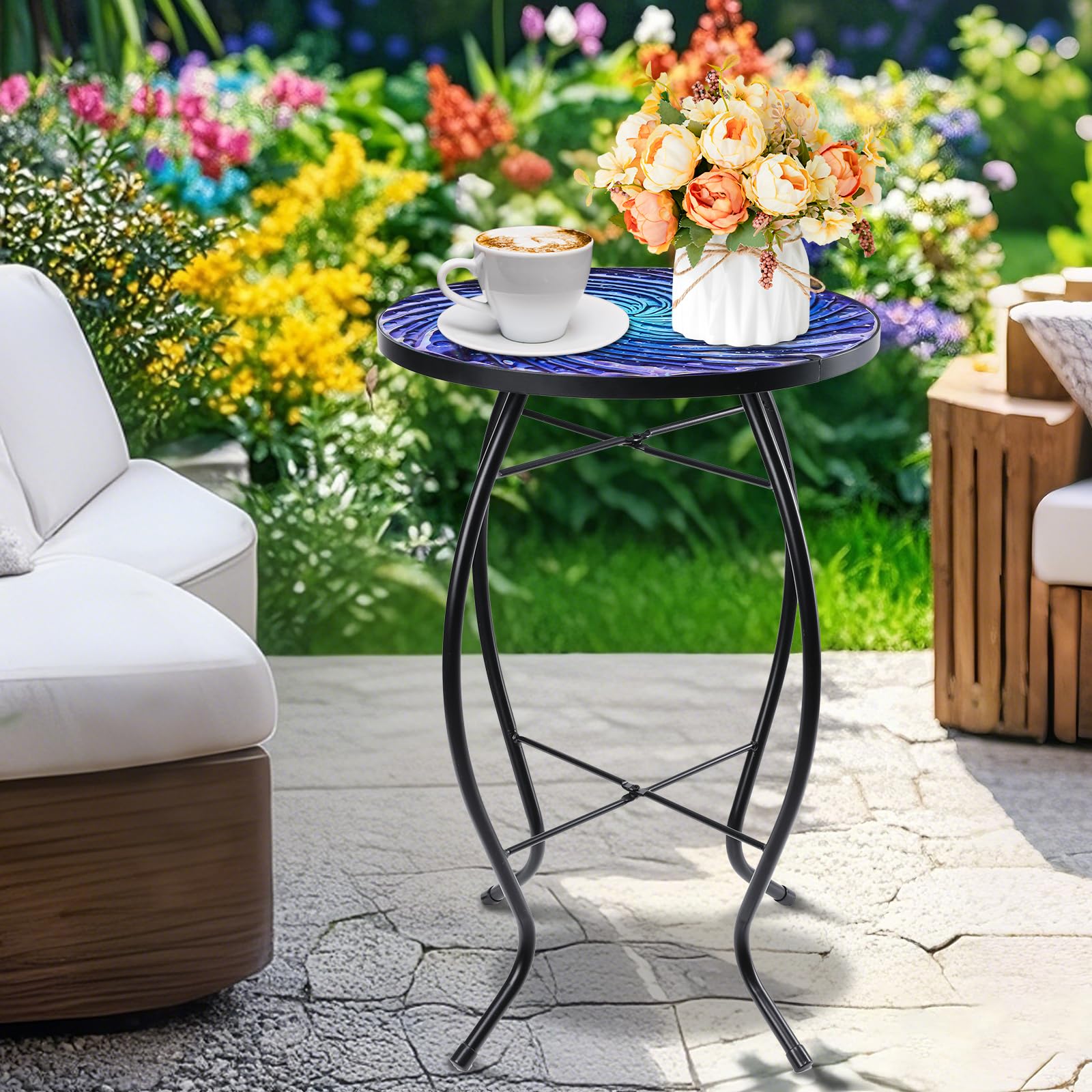 MUMTOP Outdoor End Tables for Patio, Deep Sea Round Side Table, Glass Accent Table for Outside, Garden, Balcony, Porch, Indoor Home Decor - Bircata