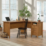 Union Plain Shaker Style L-Shaped Desk with File Drawer, Prairie Cherry Finish