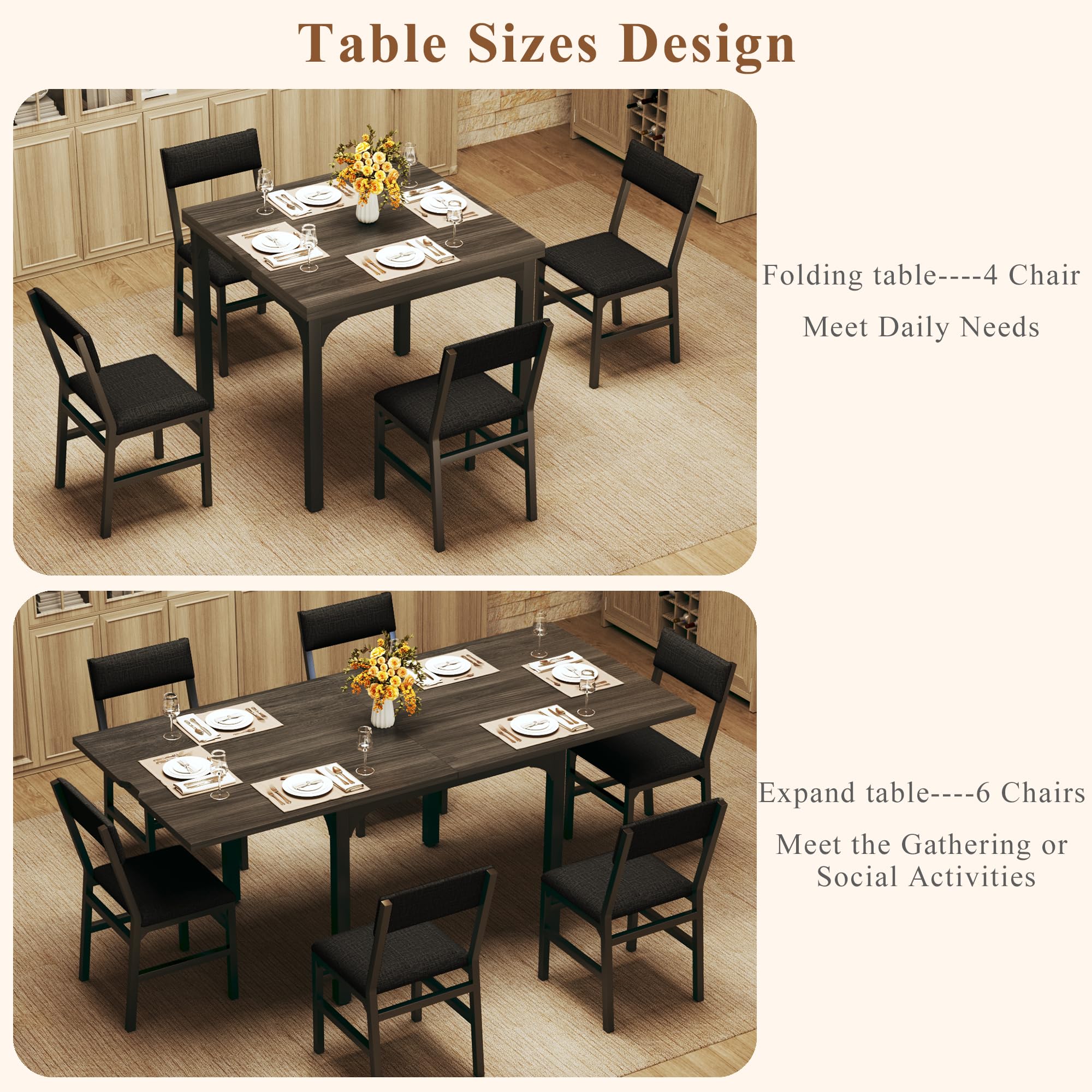 7-Piece Dining Table Set for 4-6, Extendable Kitchen Table Cushion Chairs Set of 6 with 6 Chairs, Rectangle Dining Table with Metal Frame & MDF Board, Folding for Small Apartment Saving Space,Grey Oak