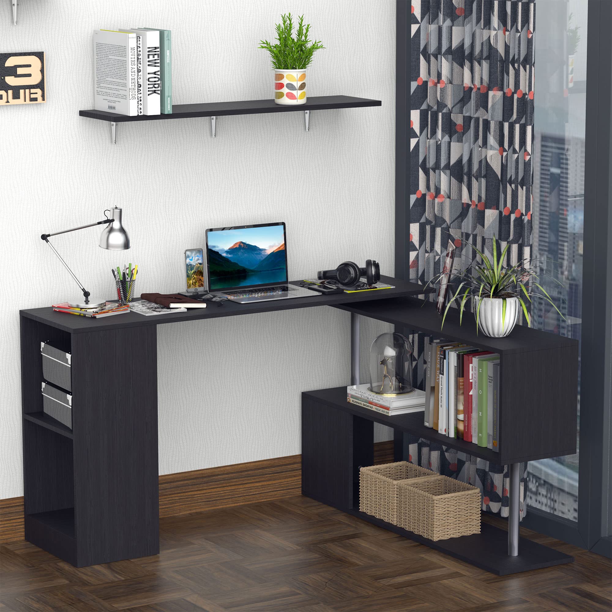 55" 360° Rotating Corner Computer Desk Modern L-Shaped Home Office Workstation