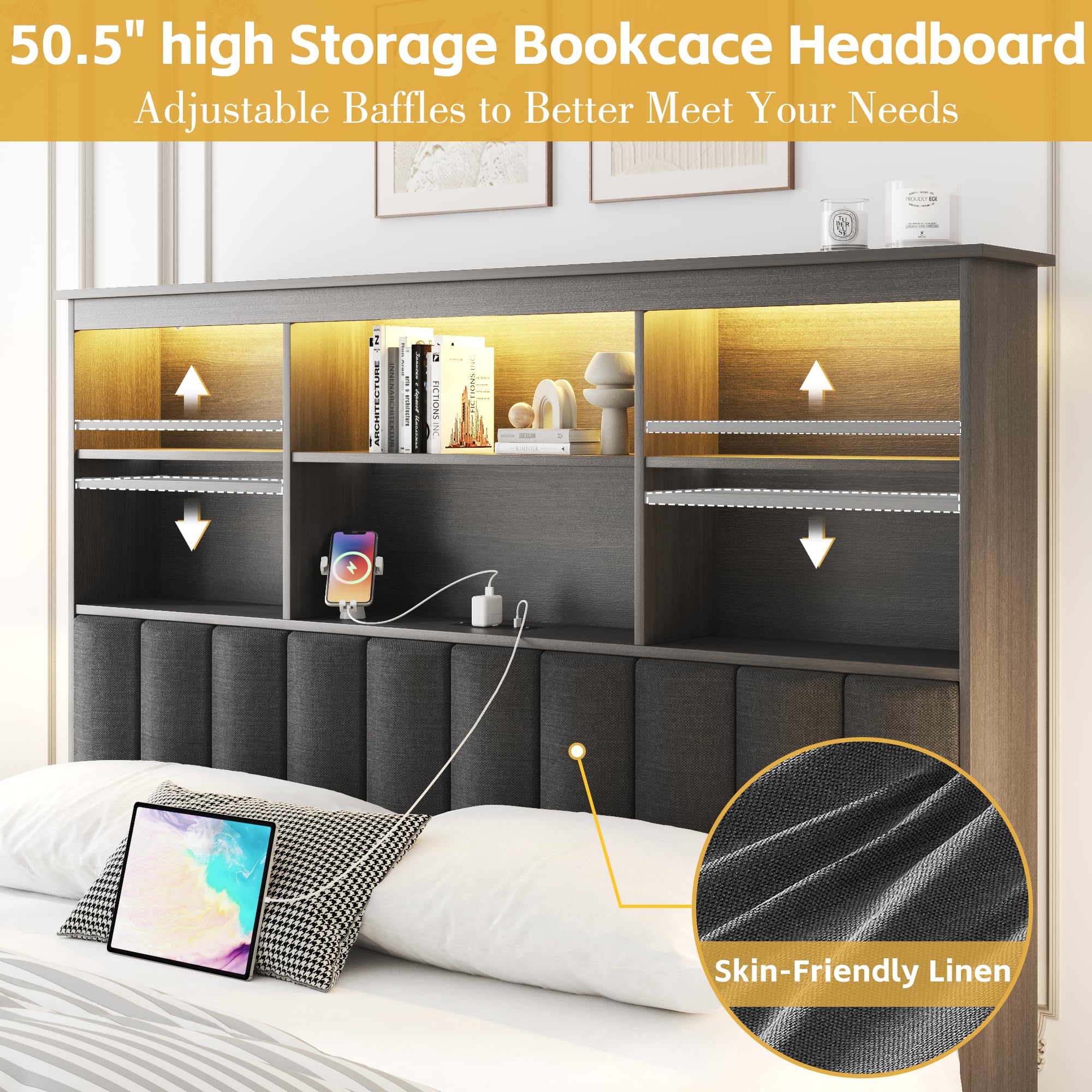 Lifezone Queen Bed Frame with Headboard, Queen Bed Frame with High Storage Bookcase Headboard,4 Storage Drawers & Charging Station & LED,No Box Spring Needed/Noise Free/All-Metal Support,Rustic Grey