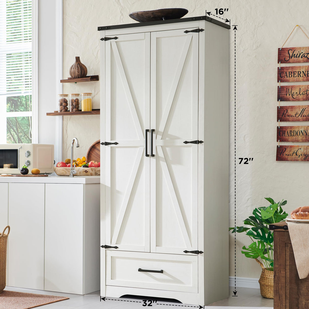 ACCOHOHO 72" Tall Farmhouse Kitchen Pantry with Adjustable Shelves, Wood Rustic Storage Cabinet with Drawer & Barn Doors, Versatile Storage for Dining Room, Living Room, Bathroom, White