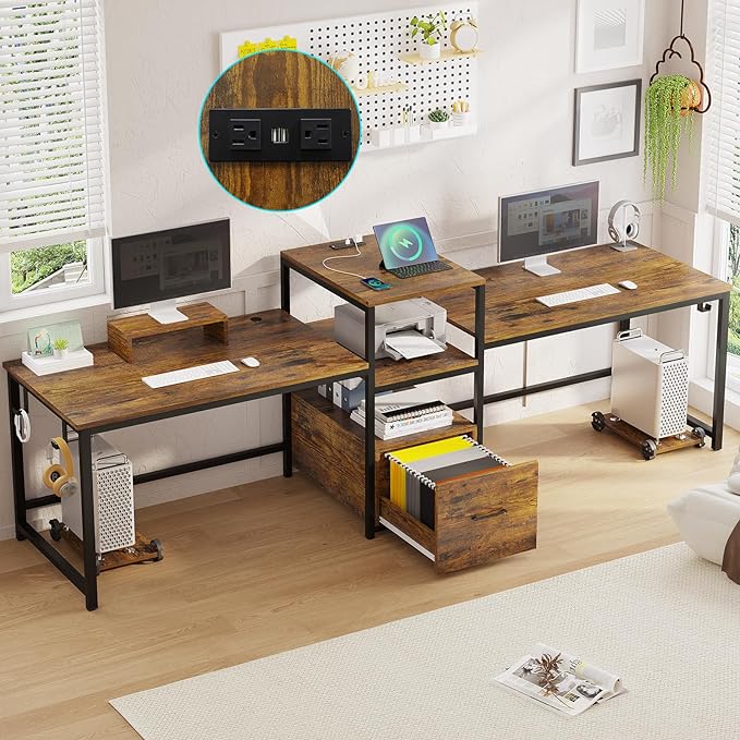 98" Home Office Desk, White Computer Desk with Letter/A4 File Drawer & Power Strip with USB, 2 Person Long Desk with Storage, Printer Shelf & Monitor Stand for Home Office, White