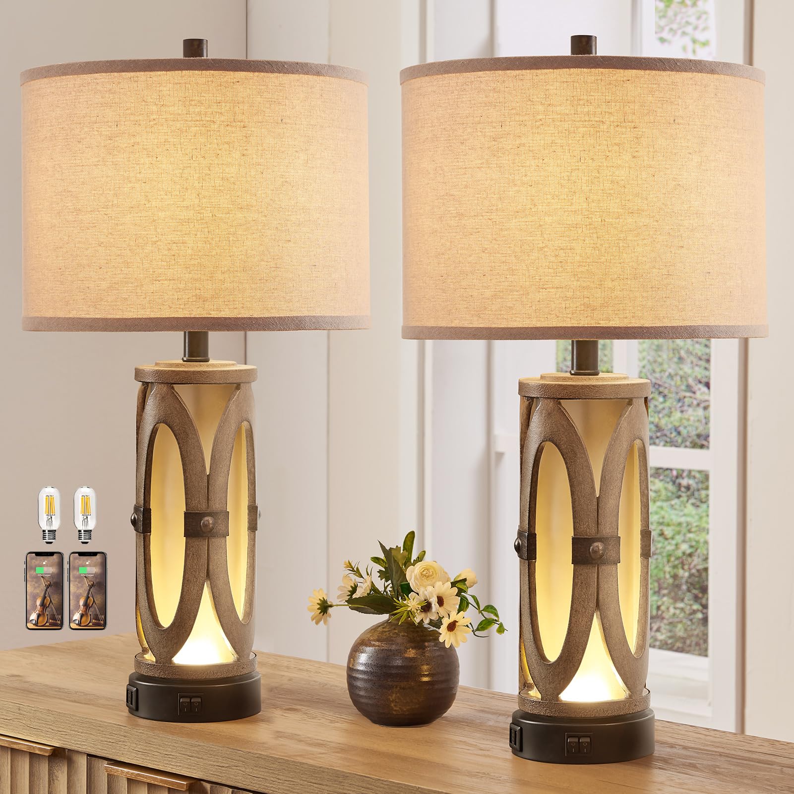 Table Lamps Set of 2 for Living Room, Rustic Farmhouse Bedroom Nightstand Lamp with Dual USB Ports,