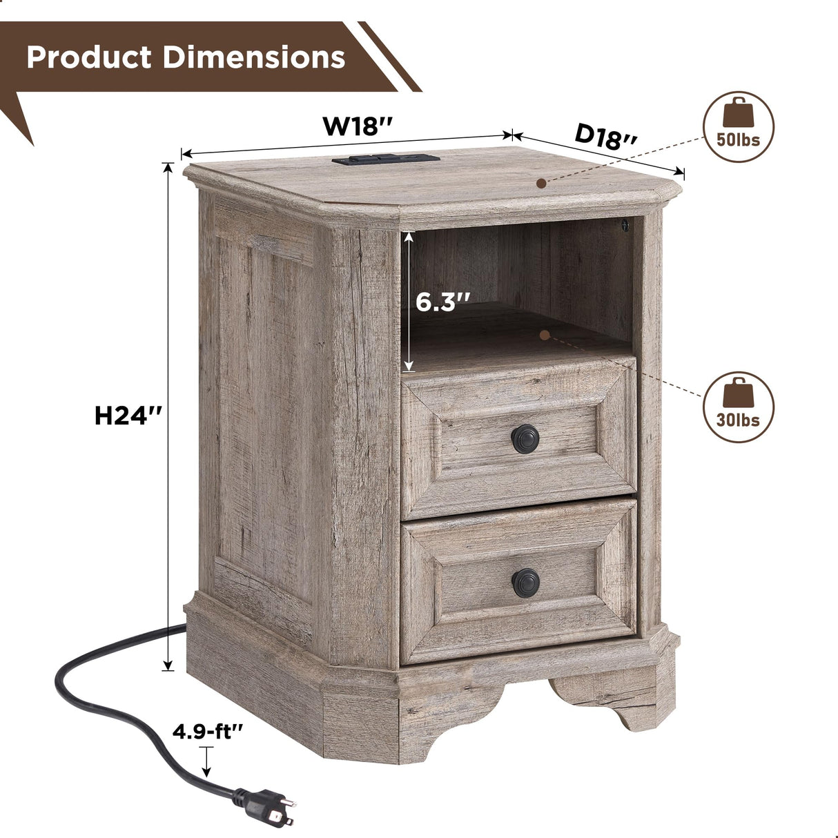 Farmhouse Nightstand with Charging Station, 18" End Table with 2 Drawers,