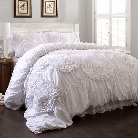 Serena Comforter Set, 3 Piece Set, Full/ Queen, Ivory - Ruched Ruffled Flower Design - Romantic Ruffle Bedding Set - Vintage Glam & Farmhouse Bedroom Decor