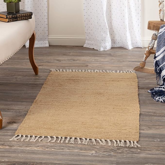 Burlap Natural, Cotton, 27x48, Chindi/Rag Rug, Tan