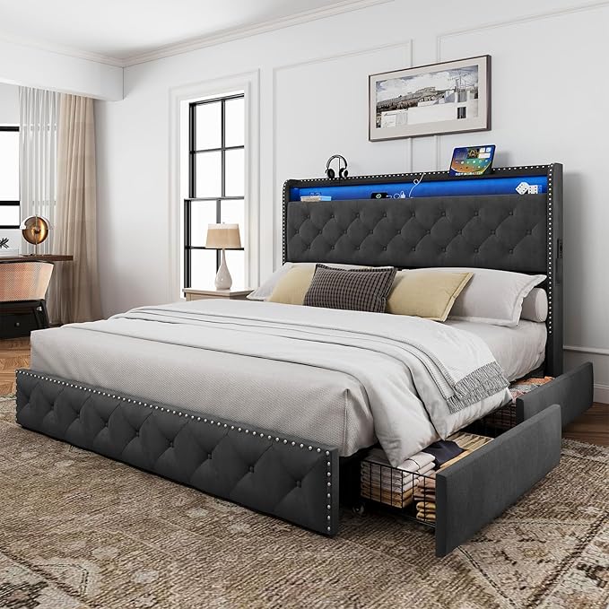 King Size Bed Frame with LED Lights & USB Charging Station, Velvet Upholstered Platform