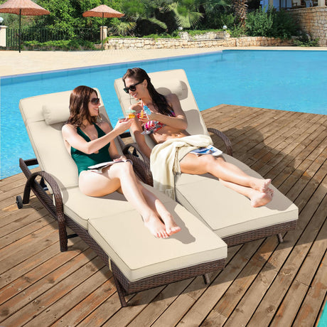 Outdoor Lounge Chairs Set of 2 Beach Wicker Chaise Lounge with Wheels, Cushion