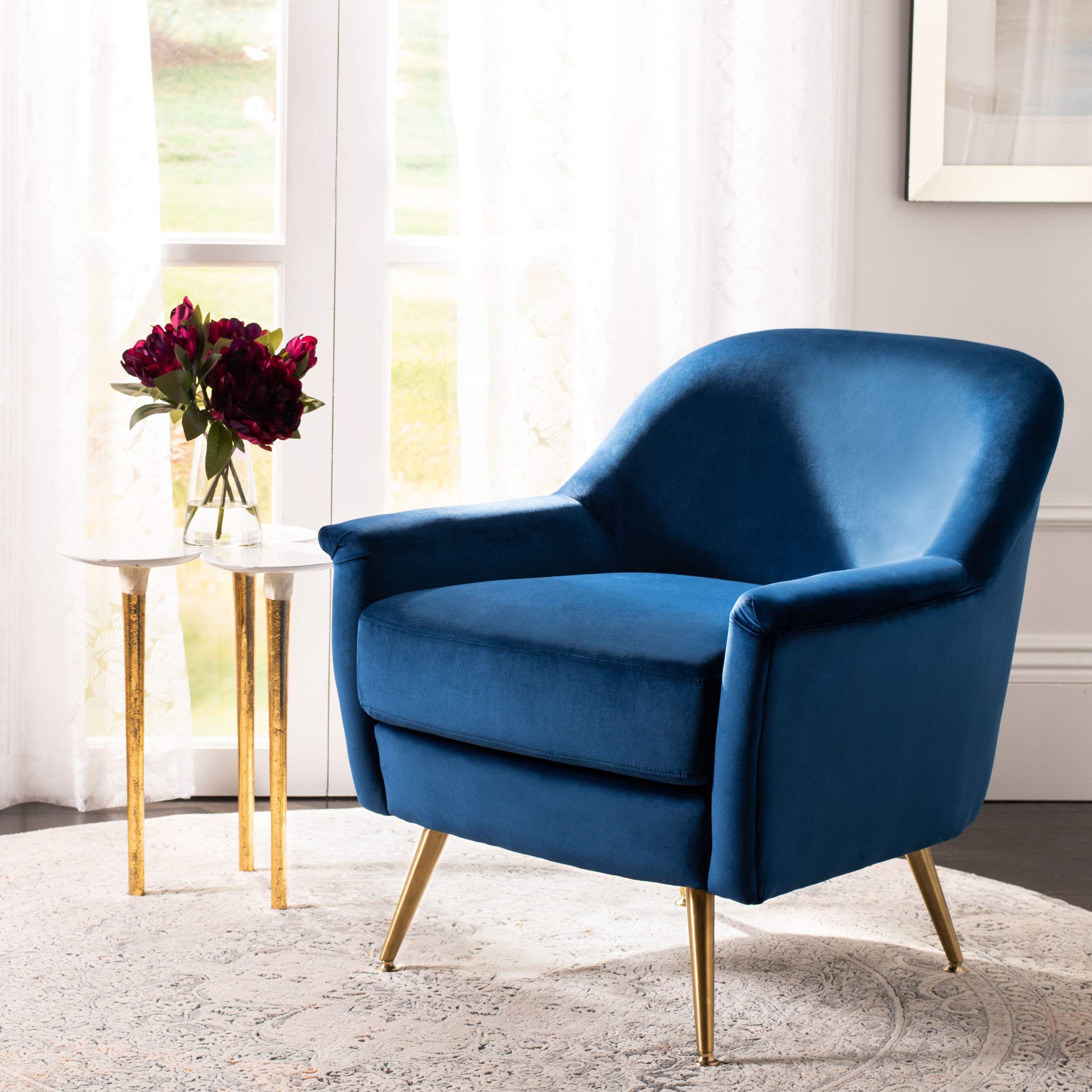 Home Brienne Retro Glam Navy Velvet and Brass Arm Chair