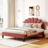 Velvet Upholstered Platform Bed with Flower Pattern Headboard - Queen