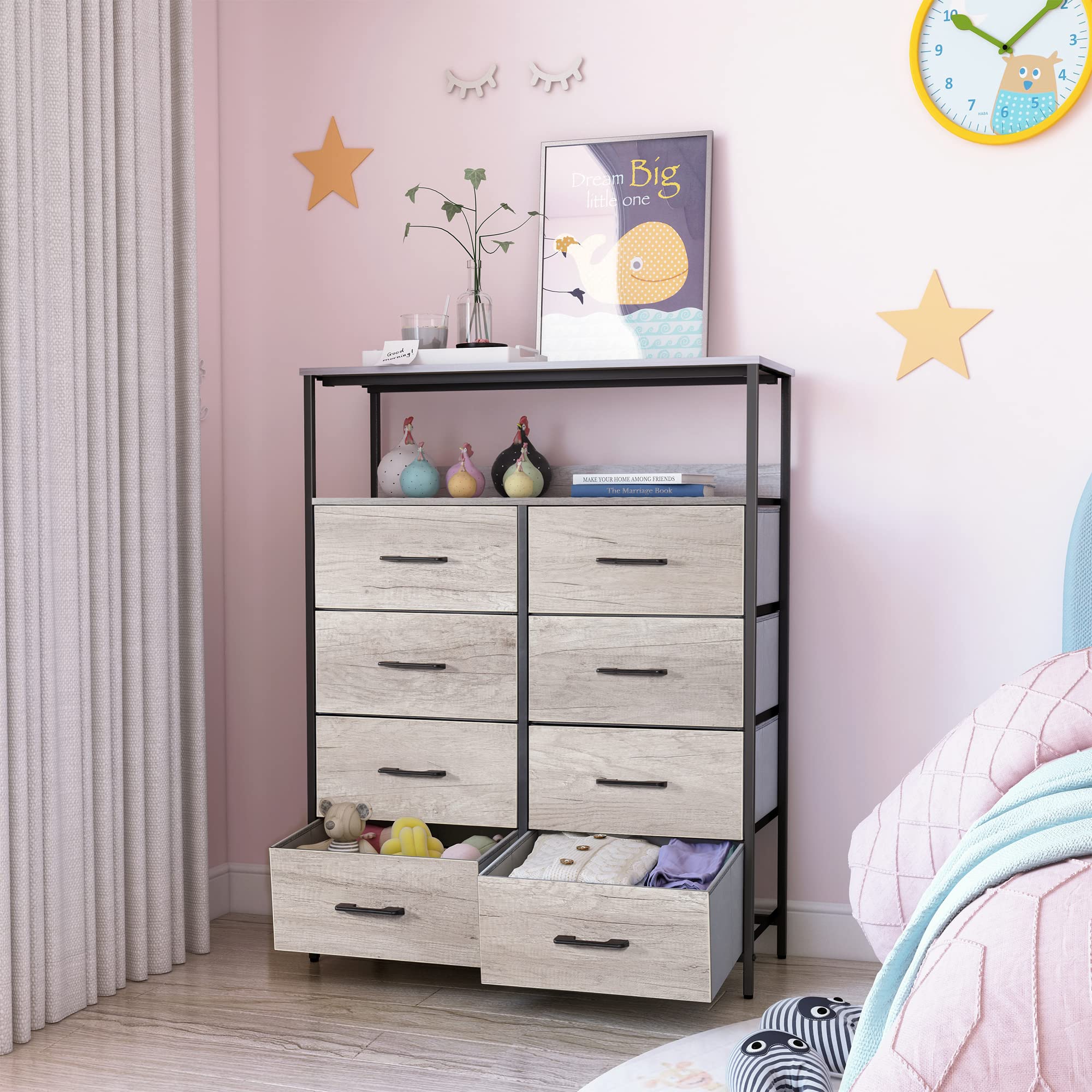 8 Drawers Dresser with Shelves, Fabric Drawers