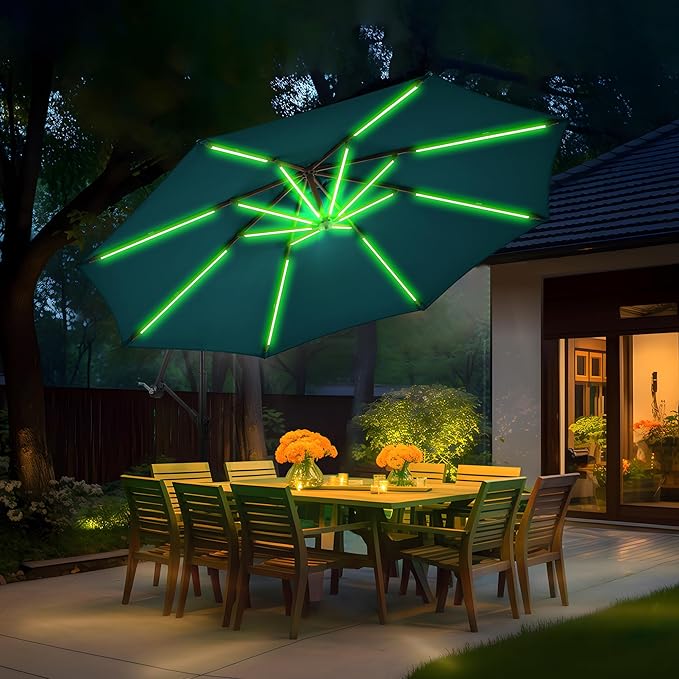 10 ft Offset Patio Umbrella with Stands Included, Large Cantilever Umbrella Outdoor Patio with Solar Lights, Dual Charging, 8+ Light Modes, Heavy Duty, for Pool, Deck, Market, Tan