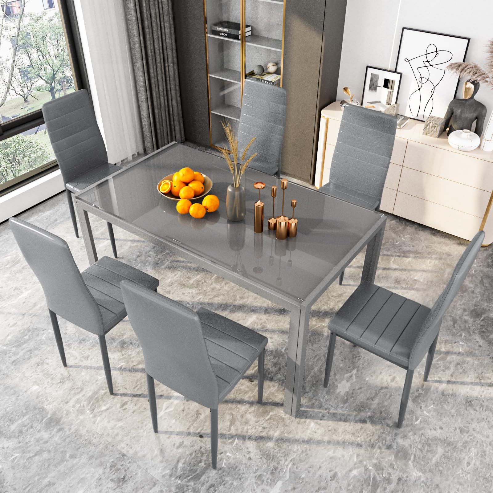 Glass Dining Table Set with 6 Chairs