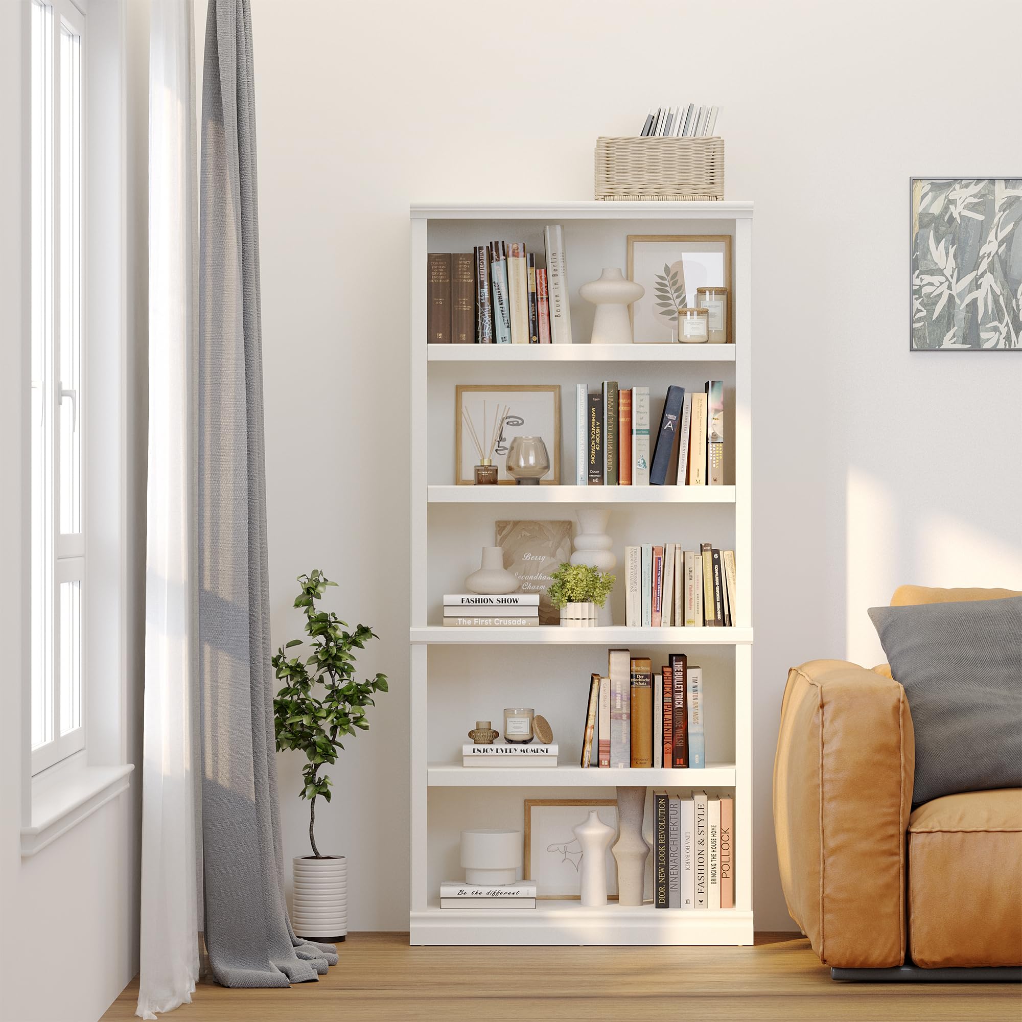 5-Shelf Tall Bookcase White Wooden Bookshelves 33in Wide 5 Tier Bookcases with Adjustable Shelves Floor Standing Display Storage Shelves 70 in Tall Bookcase for Home Office, Living Room, Bed Room