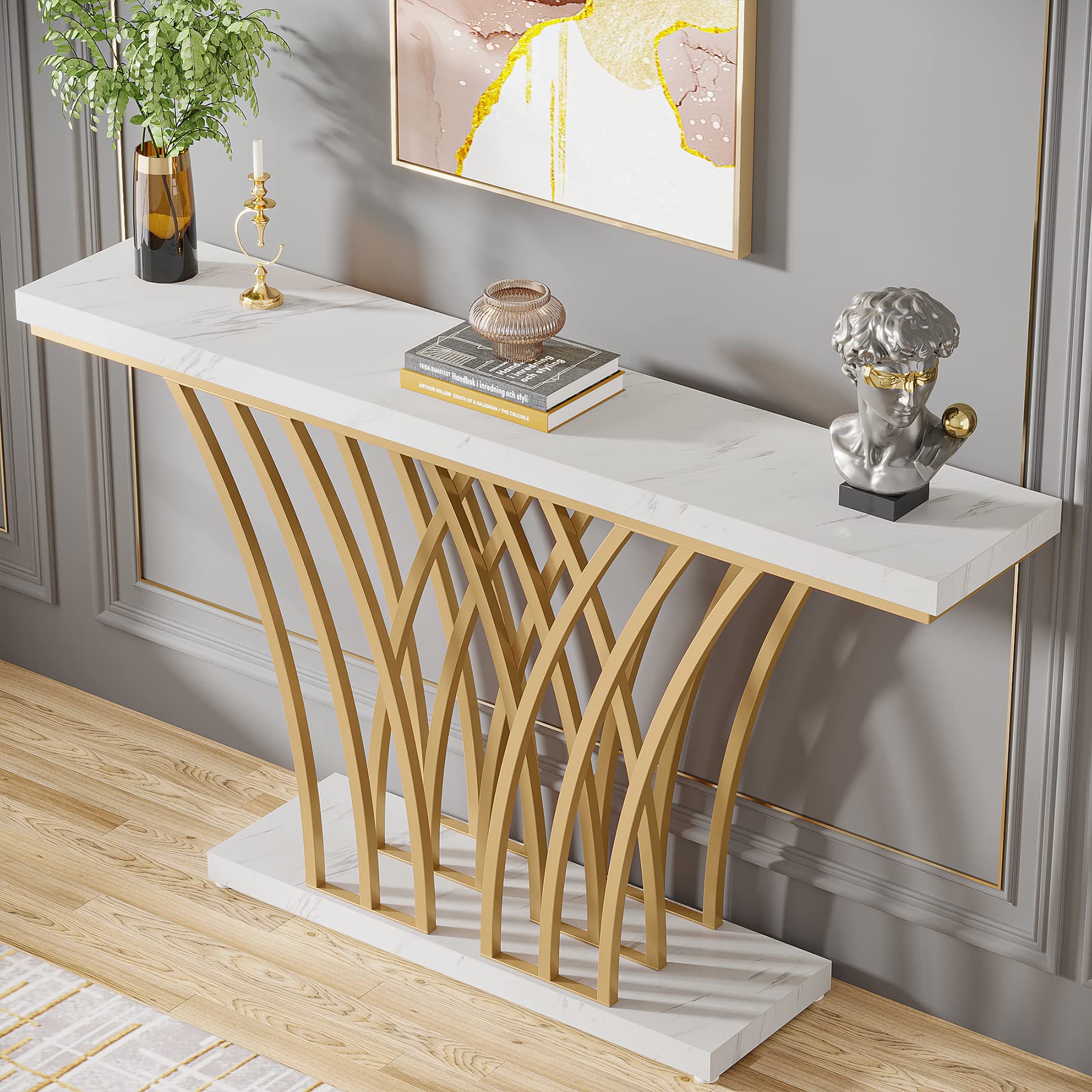 59-Inch Gold Console Table with Faux Marble Top