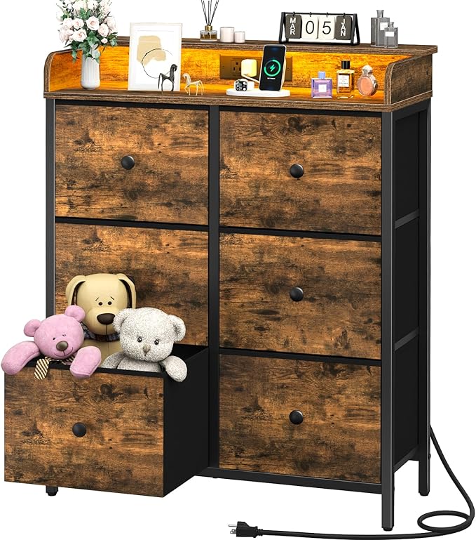 Dresser for Bedroom with Charging Station, 6-Drawer Chest Furniture with LED Lights