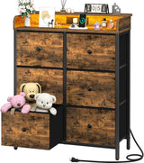 Dresser for Bedroom with Charging Station, 6-Drawer Chest Furniture with LED Lights