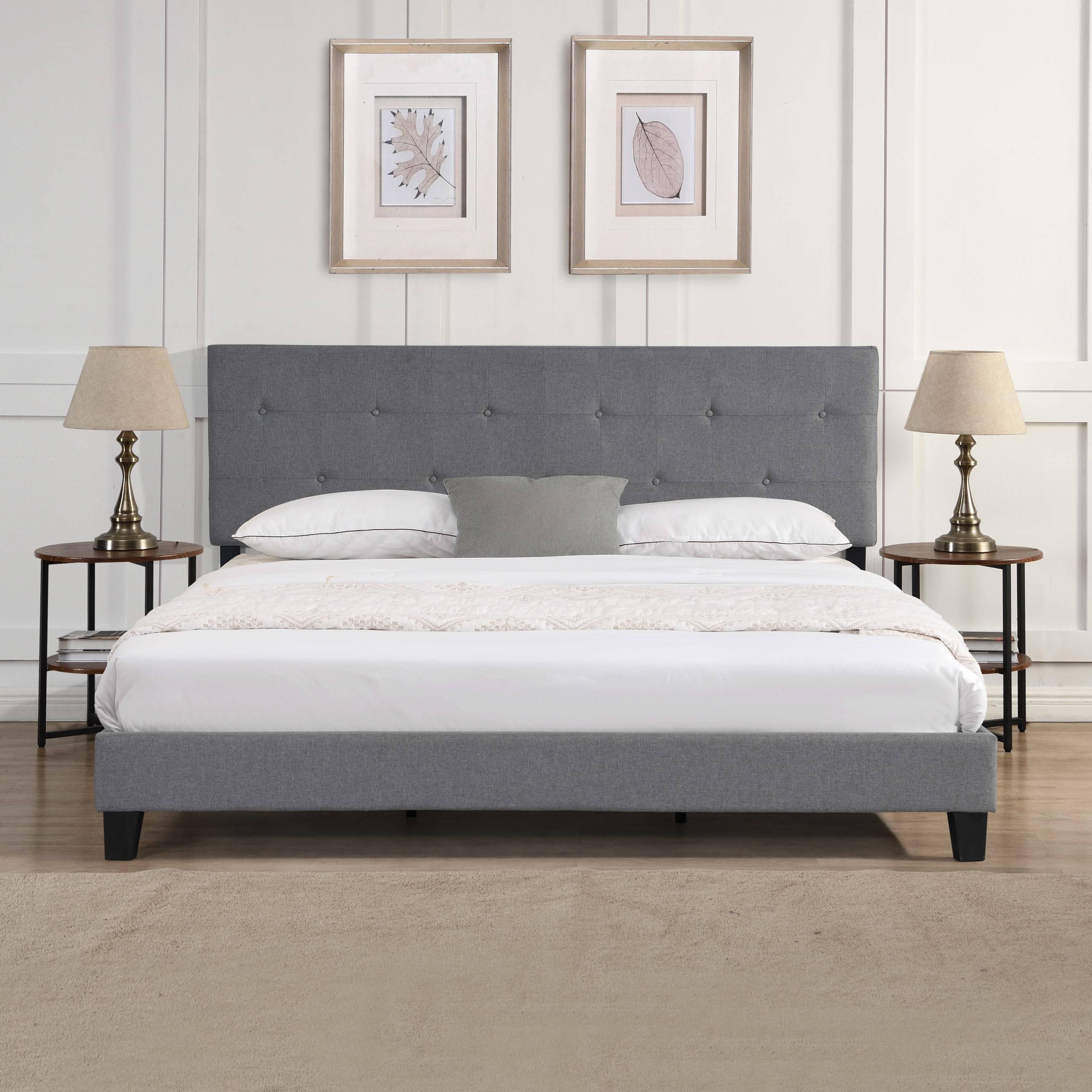 Extra Large Fabric Platform Bed Frame with Button Tufted Linen Headboard