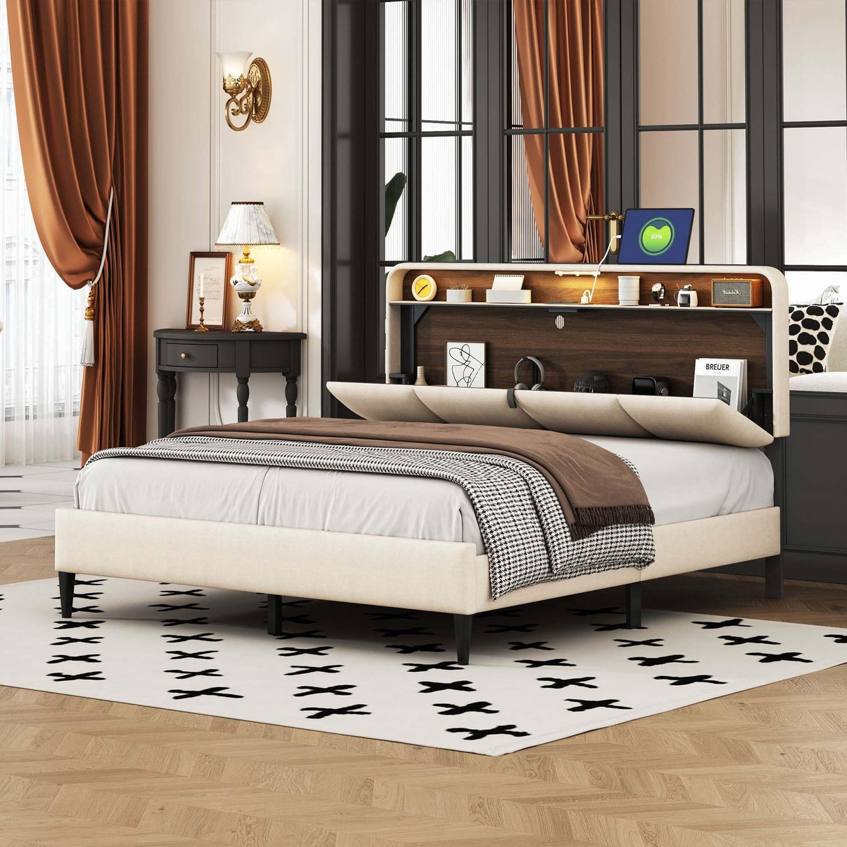 Upholstered Platform Bed with Storage Headboard and USB Ports Gray - Queen