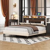 Upholstered Platform Bed with Storage Headboard and USB Ports Gray - Queen