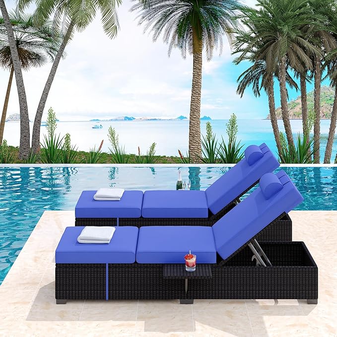 Patio Lounge Chairs,Outdoor PE Wicker Chaise Lounge Set of 2