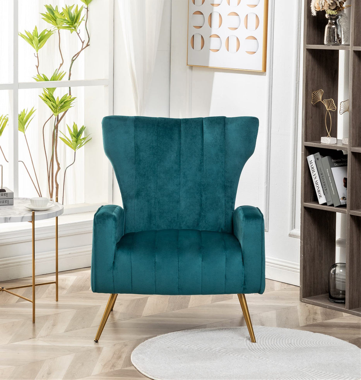 Modern Velvet Accent Chair for Living Room, Bedroom or Office with Stylish Metal Legs, Plush Upholstery and Wood Frame, Small-Medium, Blueish Green